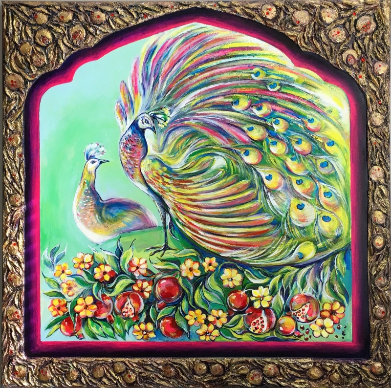 Peacocks in the pomegranate garden by artist Anastasia Shimanskaya